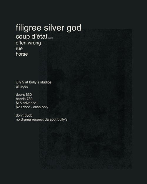 Filigree Silver God, Coup d'état, Often Wrong, Rue, Horse