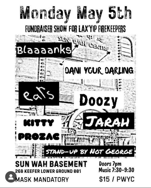 Poster depicts the front of the Sun Wah Centre building in black and white in the center of the poster ; artist names are superimposed over the depiction of the building